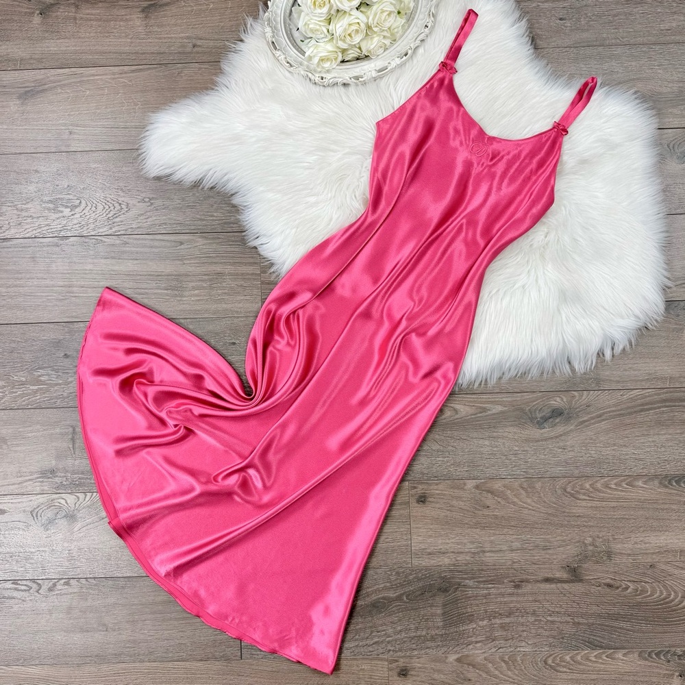 Sz M Vintage Christian Dior Hot Pink Silky Lingerie Slip Dress